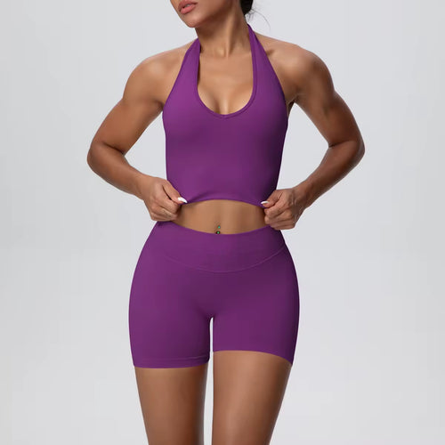 Baddie Betty, Animate, Ladies, Purple gym set. Halter-neck crop top sports bra, with high waisted, scrunch bum shorts.