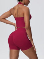 Animate, Ladies, Burgundy Gym Set. Halter-neck crop top sports bra, with high waisted, scrunch bum shorts.