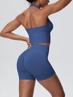 Animate, Ladies, Blue/grey Gym Set. Halter-neck crop top sports bra, with high waisted, scrunch bum shorts.