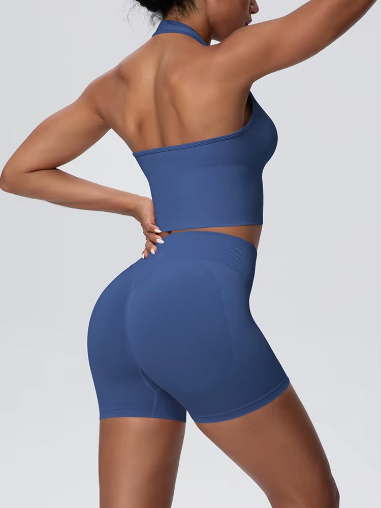 Animate, Ladies, Blue/grey Gym Set. Halter-neck crop top sports bra, with high waisted, scrunch bum shorts.