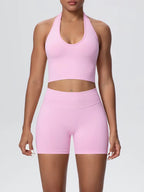 Animate, Ladies, Pink Gym Set. Halter-neck crop top sports bra, with high waisted, scrunch bum shorts.