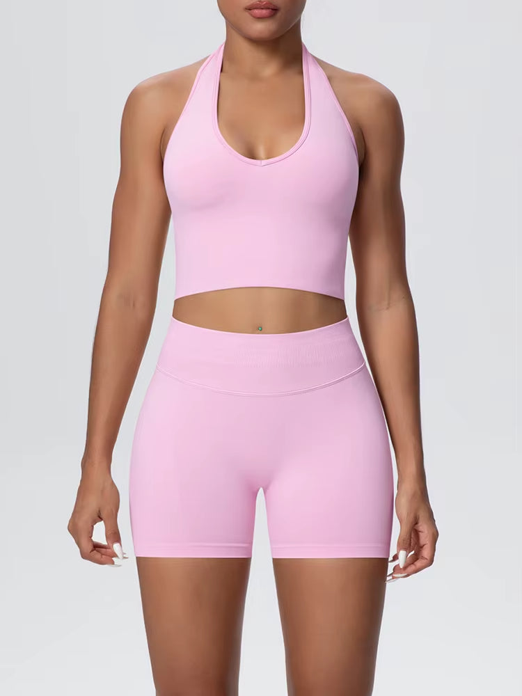 Animate, Ladies, Pink Gym Set. Halter-neck crop top sports bra, with high waisted, scrunch bum shorts.