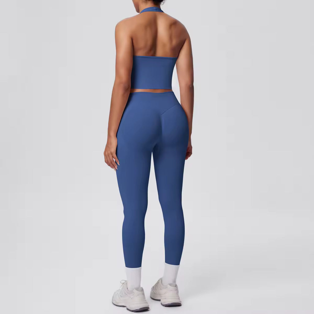 Emulate, Ladies, Blue/grey Gym Set. Halter-neck crop top sports bra, with high waisted, scrunch bum Leggings.