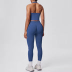 Emulate, Ladies, Blue/grey Gym Set. Halter-neck crop top sports bra, with high waisted, scrunch bum Leggings.