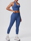 Emulate, Ladies, Blue/Grey Gym Set. Halter-neck crop top sports bra, with high waisted, scrunch bum Leggings.
