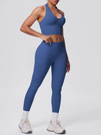 Emulate, Ladies, Blue/Grey Gym Set. Halter-neck crop top sports bra, with high waisted, scrunch bum Leggings.