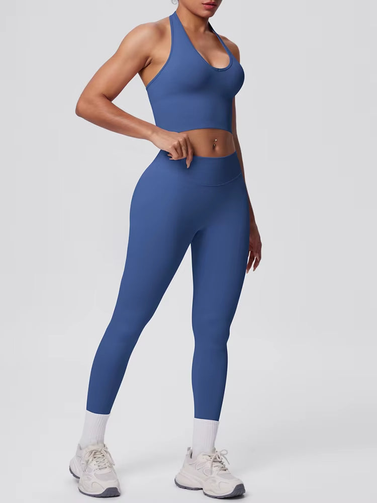 Emulate, Ladies, Blue/Grey Gym Set. Halter-neck crop top sports bra, with high waisted, scrunch bum Leggings.