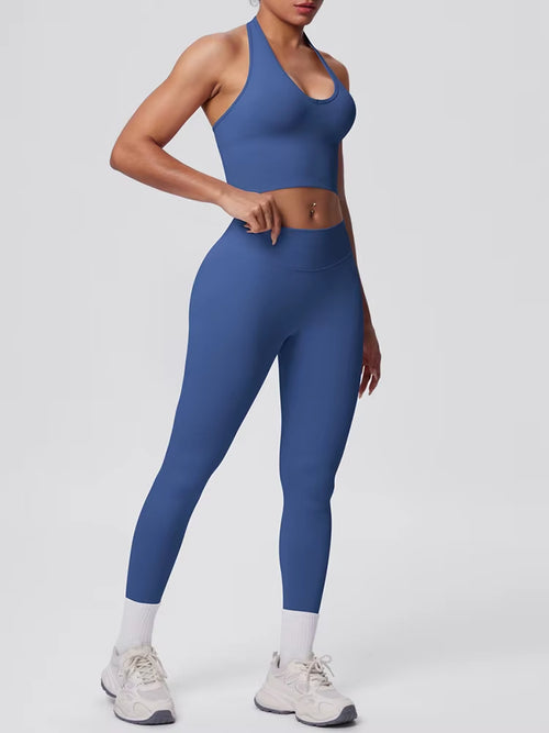 Emulate, Ladies, Blue/Grey Gym Set. Halter-neck crop top sports bra, with high waisted, scrunch bum Leggings.