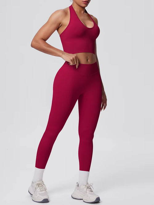Emulate, Ladies, Burgundy Gym Set. Halter-neck crop top sports bra, with high waisted, scrunch bum Leggings.