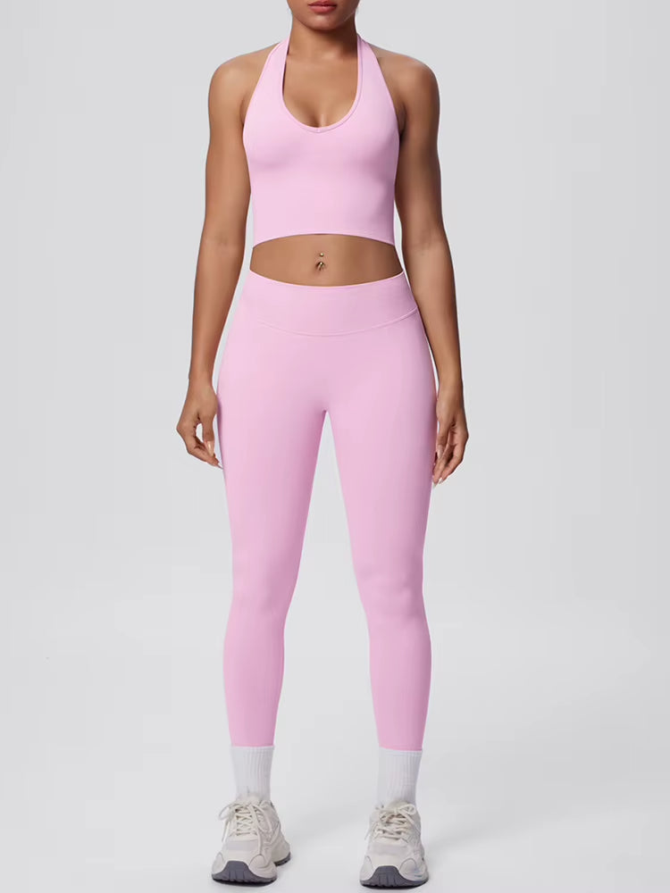 Emulate, Ladies, Pink Gym Set. Halter-neck crop top sports bra, with high waisted, scrunch bum Leggings.