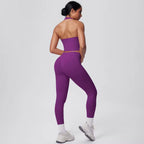 Emulate, Ladies, Purple Gym Set. Halter-neck crop top sports bra, with high waisted, scrunch bum Leggings.