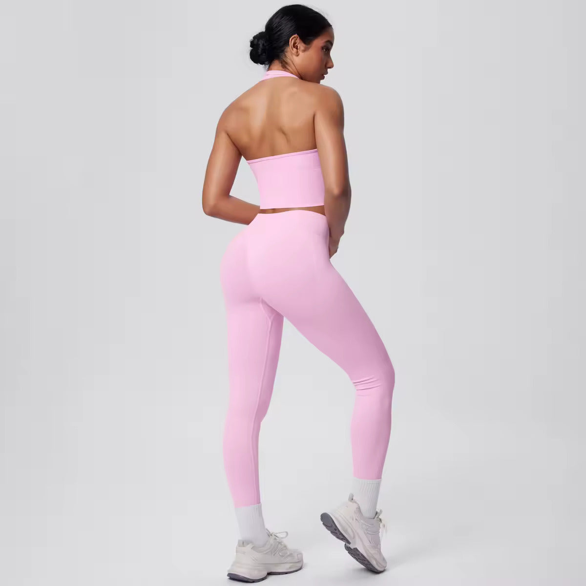 Emulate, Ladies, Pink Gym Set. Halter-neck crop top sports bra, with high waisted, scrunch bum Leggings.