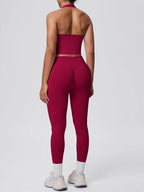 Emulate, Ladies, Burgundy Gym Set. Halter-neck crop top sports bra, with high waisted, scrunch bum Leggings.