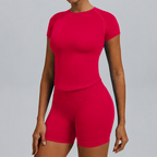 Pearl, Ladies Gym Set, Berry Red. Short-sleeve top and matching high-waisted shorts with scrunch bum.