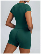 Pearl, Pine Green, Ladies Gym set. Short-sleeve top and matching high-waisted shorts with scrunch bum.