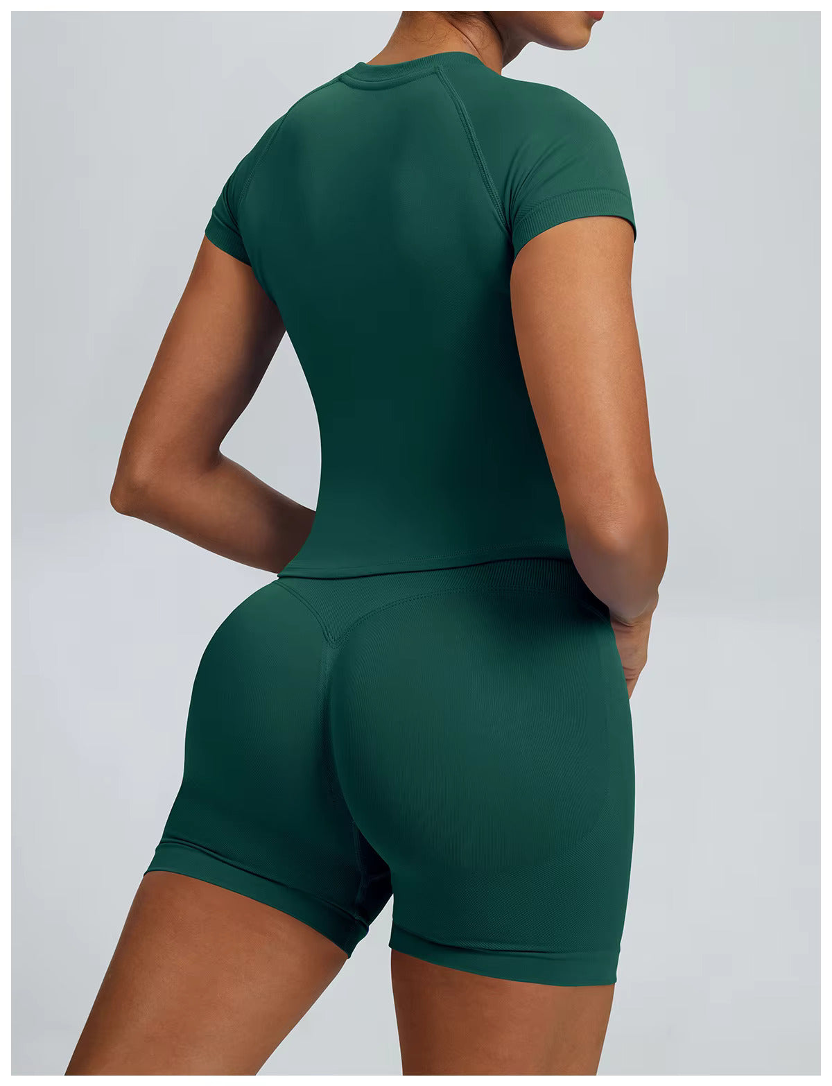 Pearl, Pine Green, Ladies Gym set. Short-sleeve top and matching high-waisted shorts with scrunch bum.