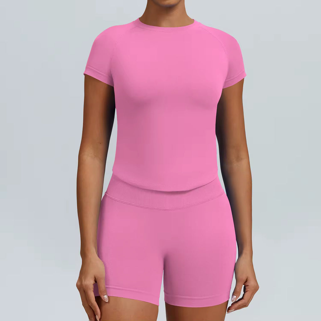 Pearl, Pink Ladies Gym set. Short-sleeve top and matching high-waisted shorts with scrunch bum.