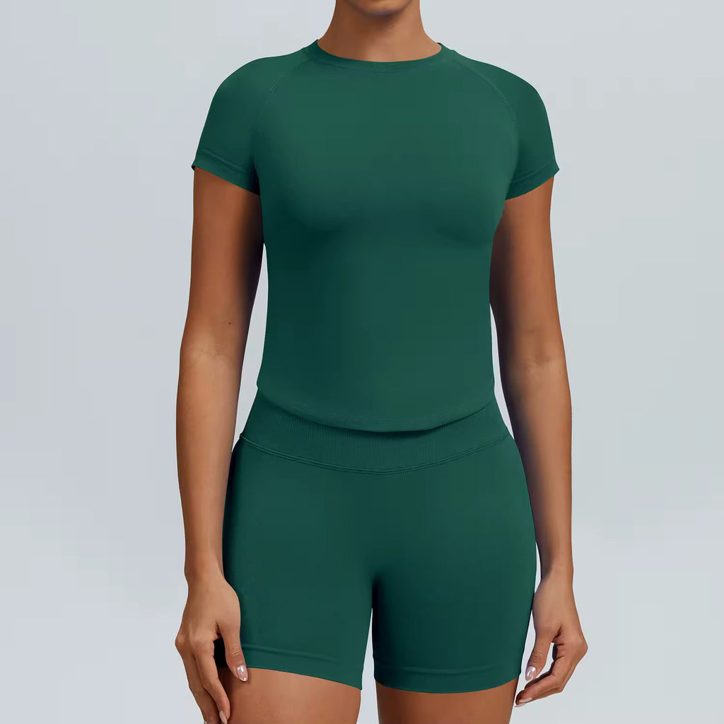 Pearl, Pine Green, Ladies Gym set. Short-sleeve top and matching high-waisted shorts with scrunch bum.
