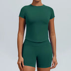 Pearl, Pine Green, Ladies Gym set. Short-sleeve top and matching high-waisted shorts with scrunch bum.