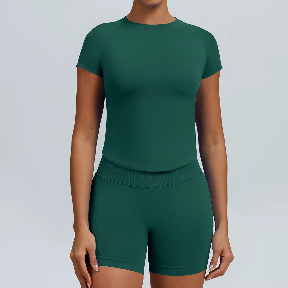 Pearl, Pine Green, Ladies Gym set. Short-sleeve top and matching high-waisted shorts with scrunch bum.
