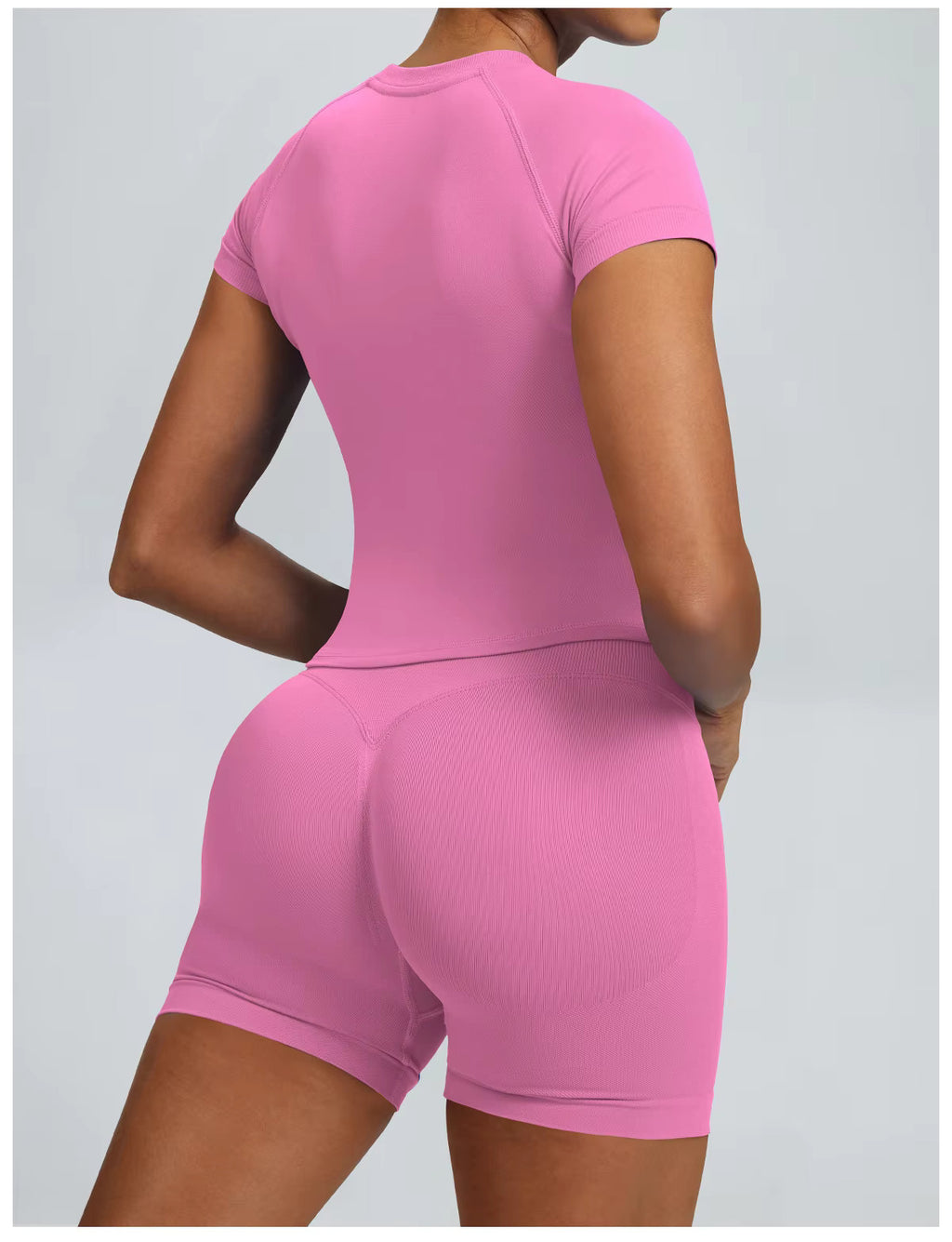 Pearl, Ladies Gym set. Pink short-sleeve top and matching high-waisted shorts with scrunch bum.