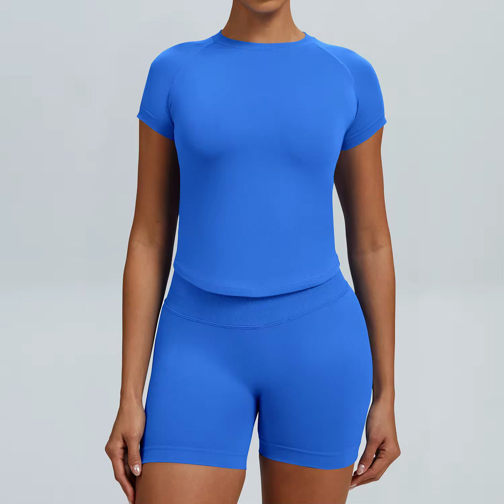Pearl, Ladies Gym set. Dazzling Blue short-sleeve top and matching high-waisted shorts with scrunch bum.